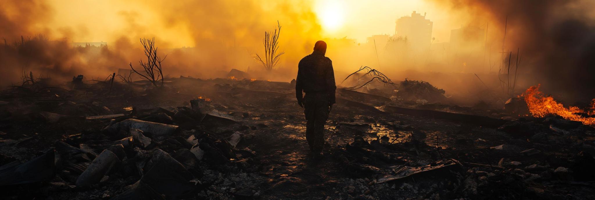 Image displaying a person standing amongst rubble 