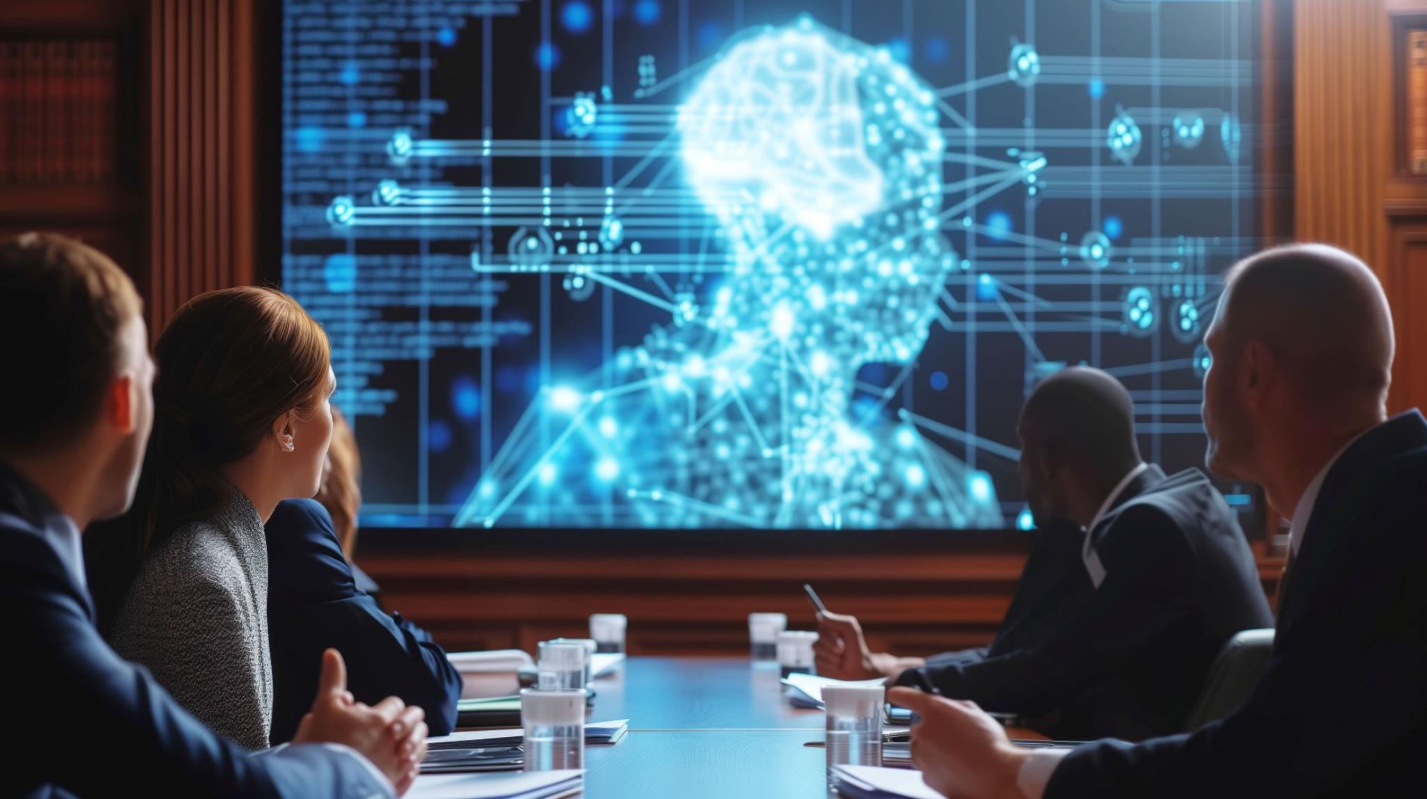 Image displaying people sitting around a table watching a screen