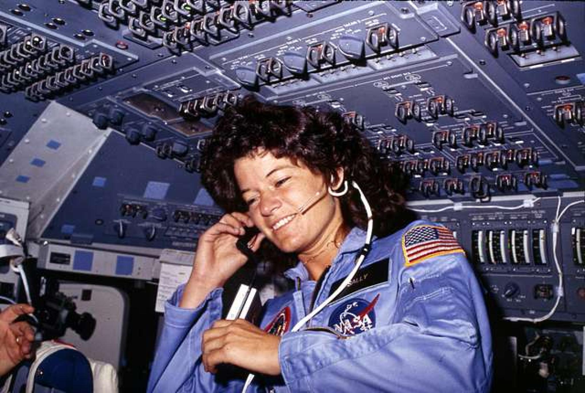 Sally Ride, America's first woman astronaut communitcates with ground controllers