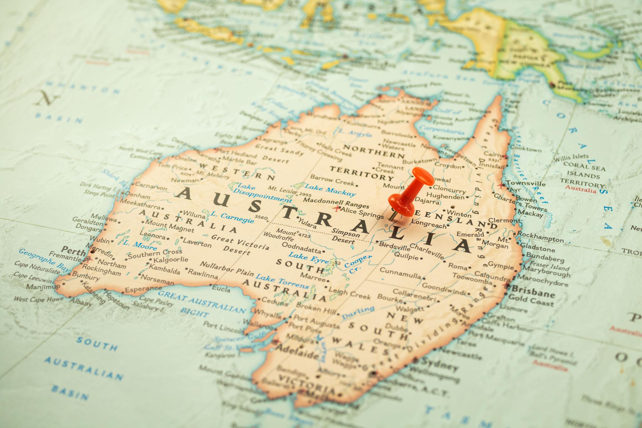 Push pin on map of Australia close up