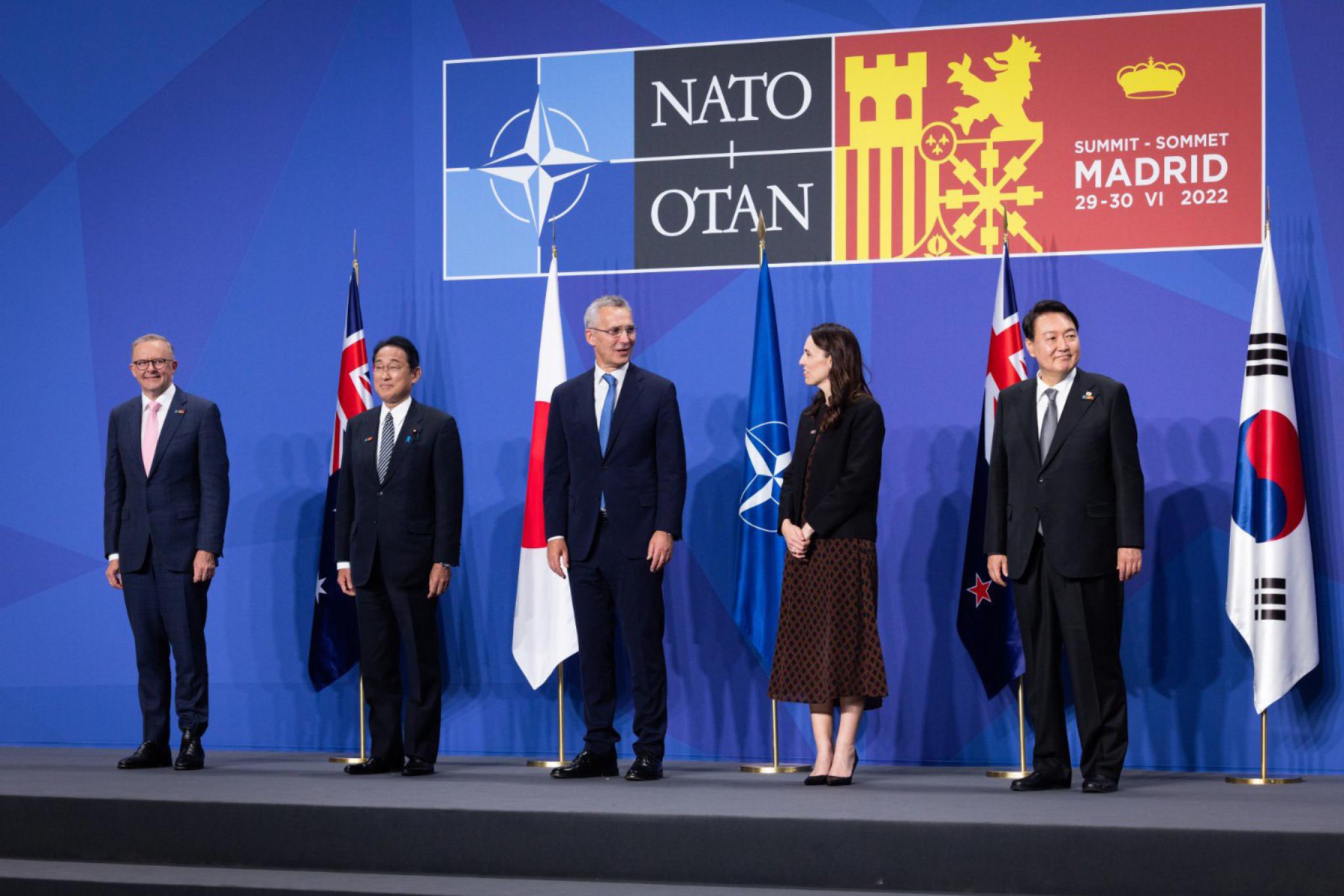 Nato Secretary General Jens Stoltenberg (centre) with the leaders of Australia, Japan, New Zealand and South Korea in June 2022