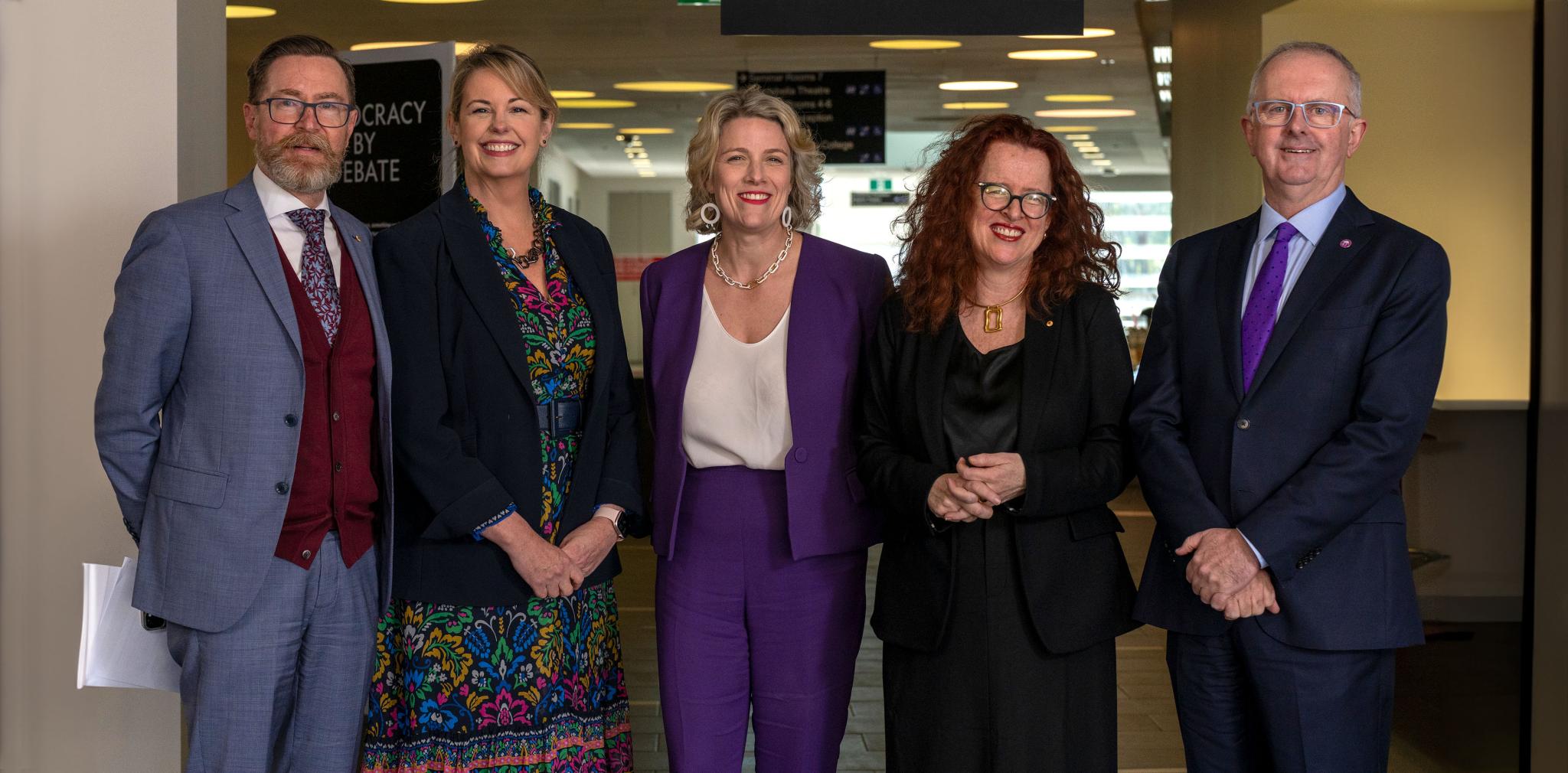 Professor Rory Medcalf with Professor Rebekah Brown, the Hon Clare O'Neil MP, Professor Genevieve Bell and Tom Rogers. 