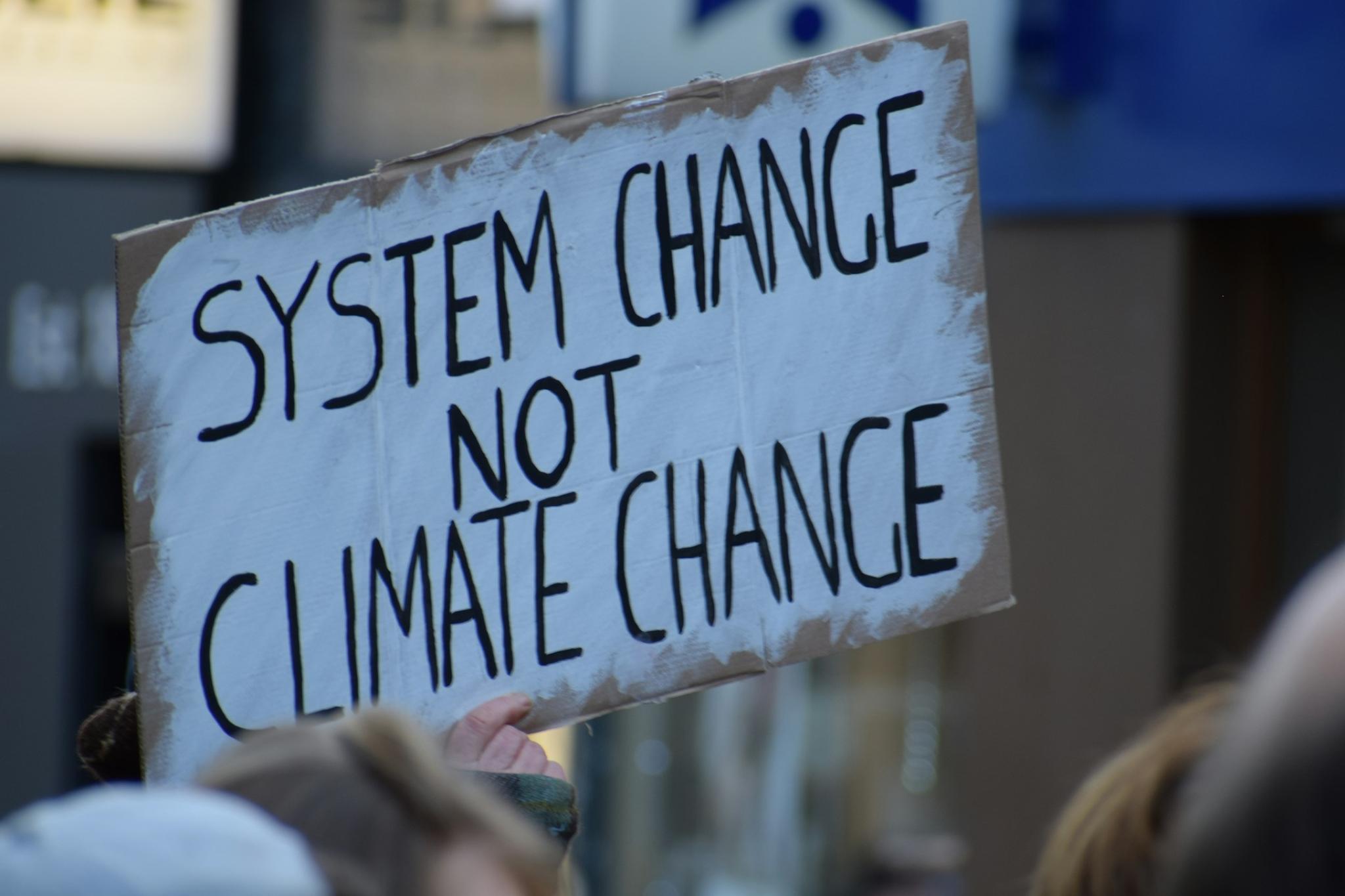 Person holding a cardboard sign at a climate protest saying 'system change, not climate change'