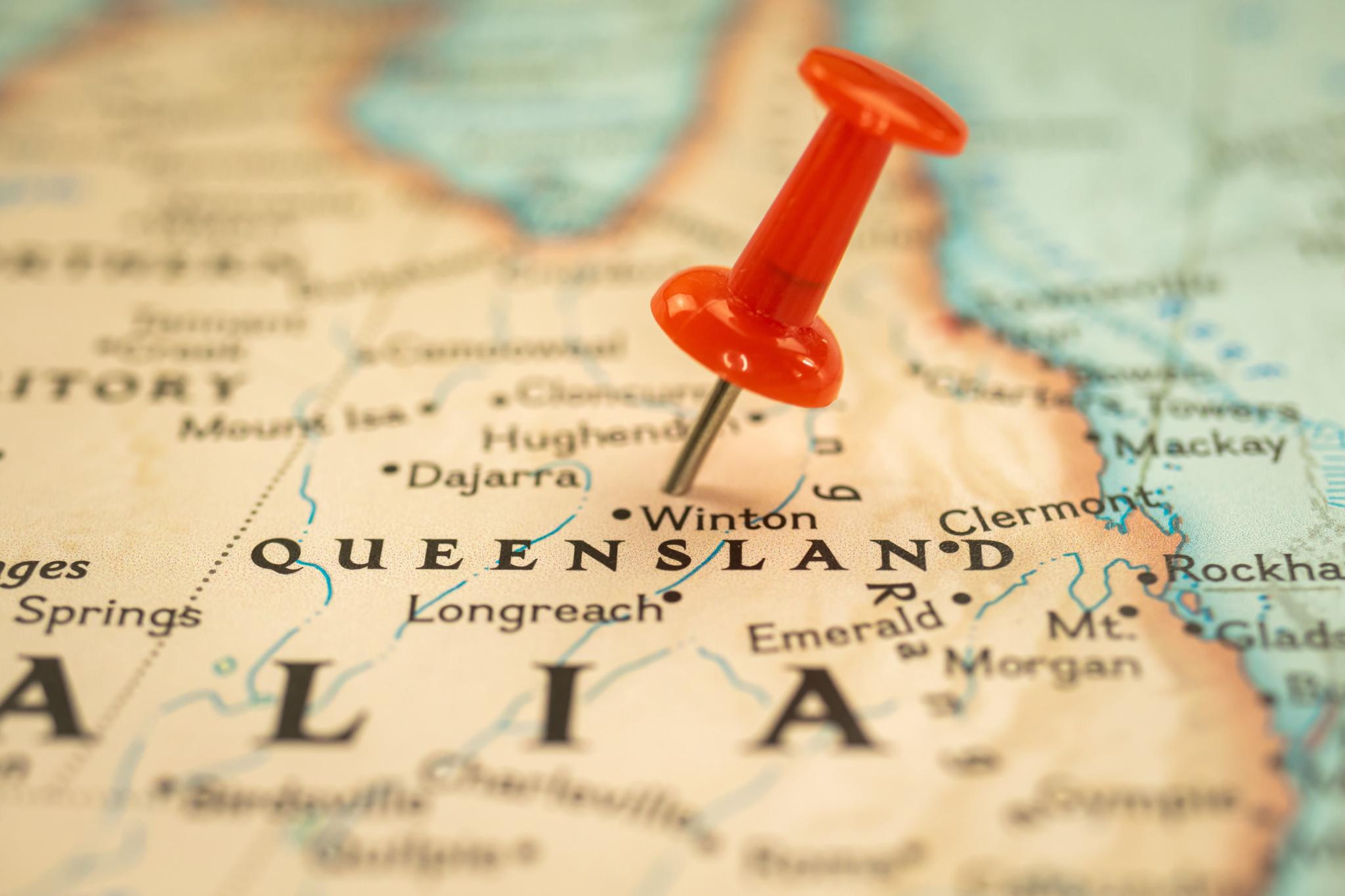 Location Queensland state in Australia, map with push pin close-up