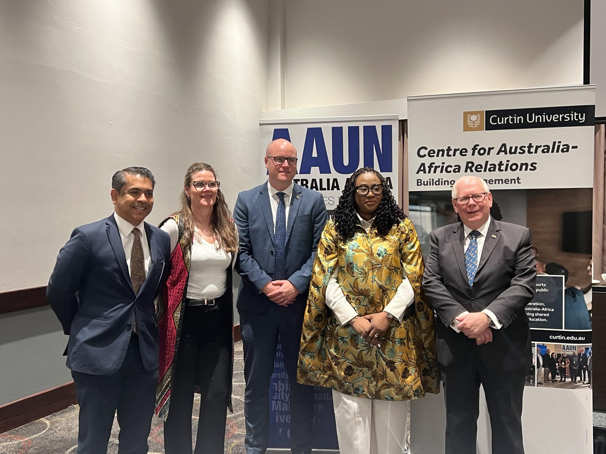 Post ADU breakfast panel, from left <name and title>; Dr Melissa Permezel, NSC; Associate Professor David Mickler, Dean Global, Africa at Curtin University and AAUN Chair; Mrs Mercy Clement, acting High Commissioner of Nigeria; Honorary Professor Matthew Neuhas, ANU College of Law