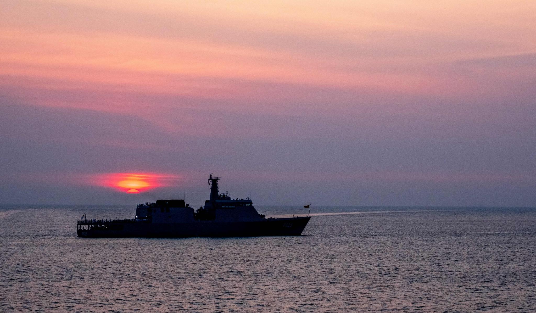 Sri Lanka Navy Ship Sayurala (P-623) at anchor off the coast of Colombo in the Indian Ocean