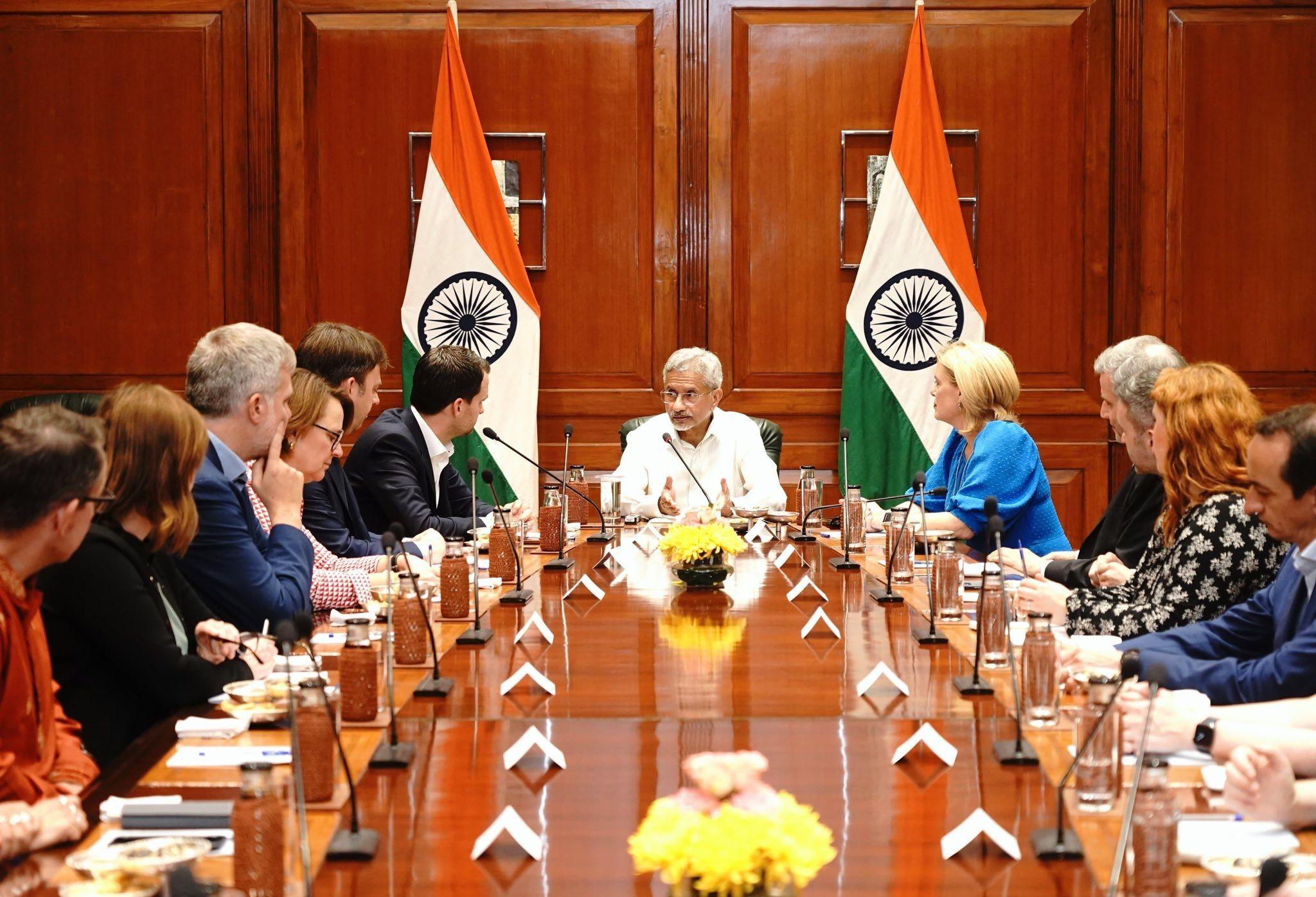 Indian Minister for External Affairs S Jaishankar in discussions with the Australian-German delegation