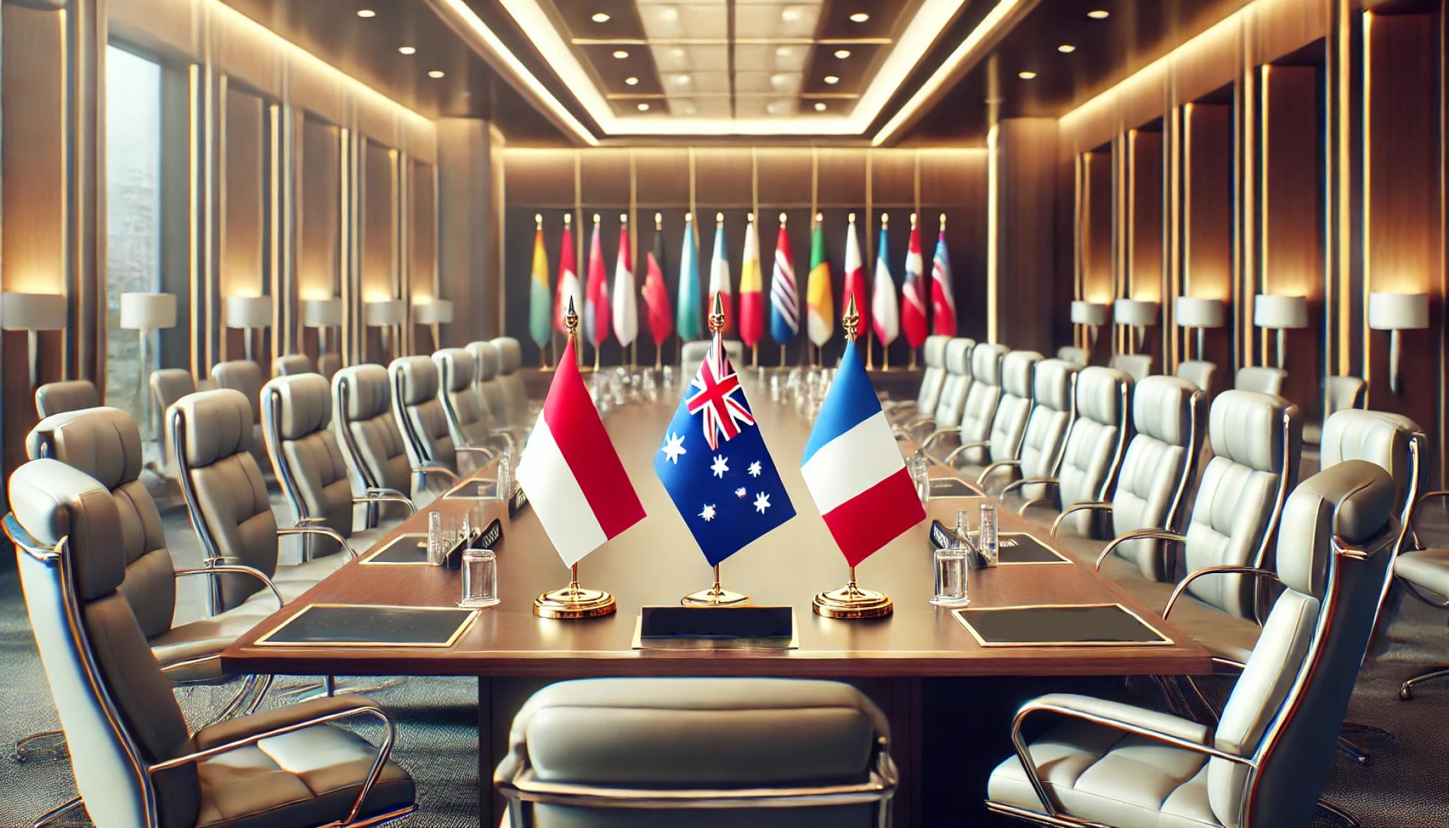 Flags of Indonesia, Australia and France on a table