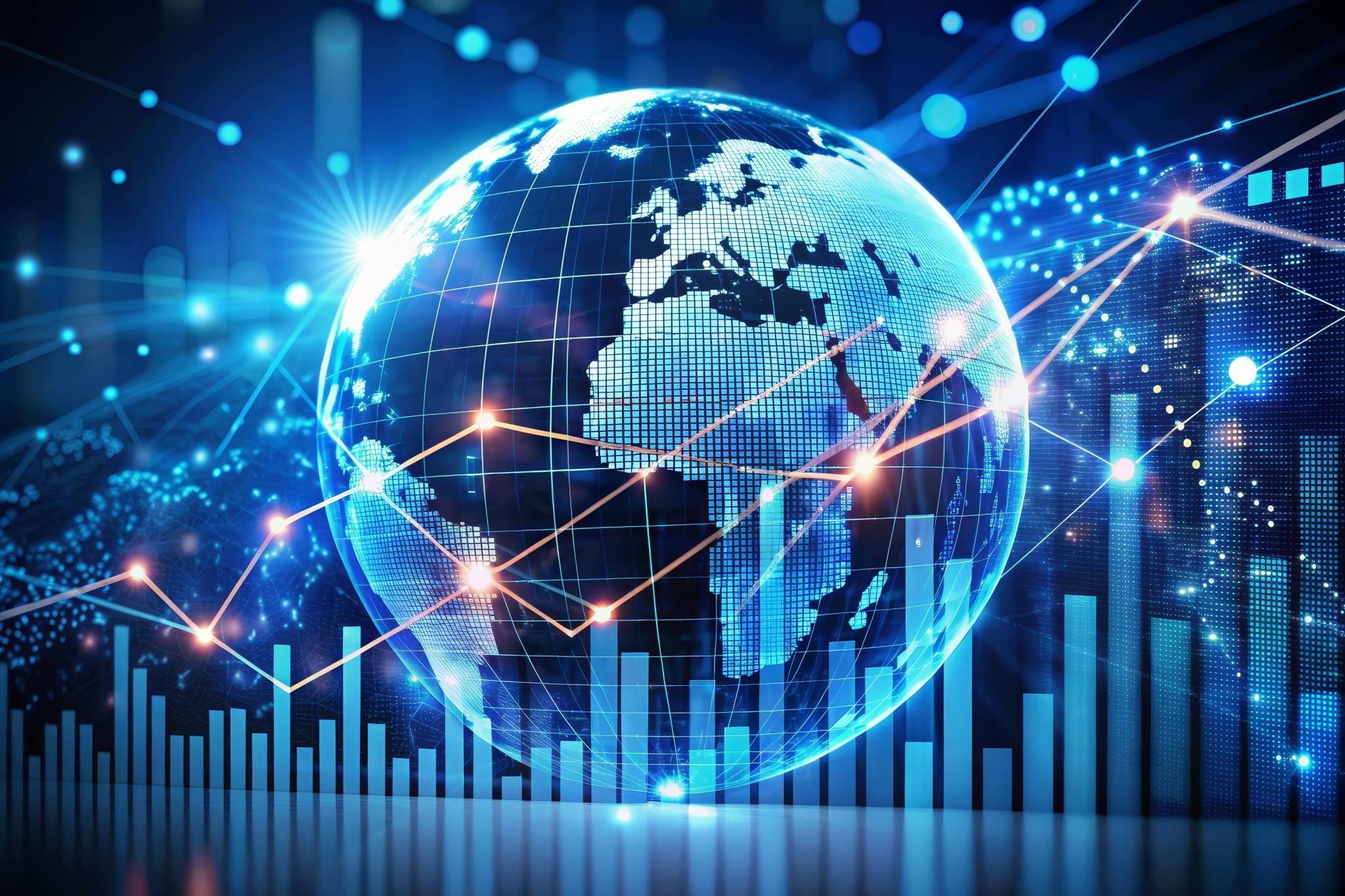 Global Growth and Progress - A digital illustration of a globe with rising charts, symbolizing global growth and progress.