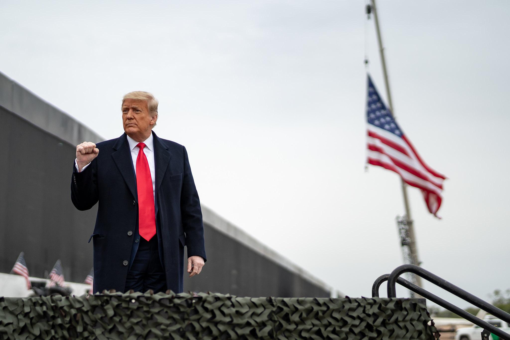 President Donald J. Trump concludes his remarks at the 450th mile of the new border wall Tuesday, Jan. 12, 2021, near the Texas Mexico border.