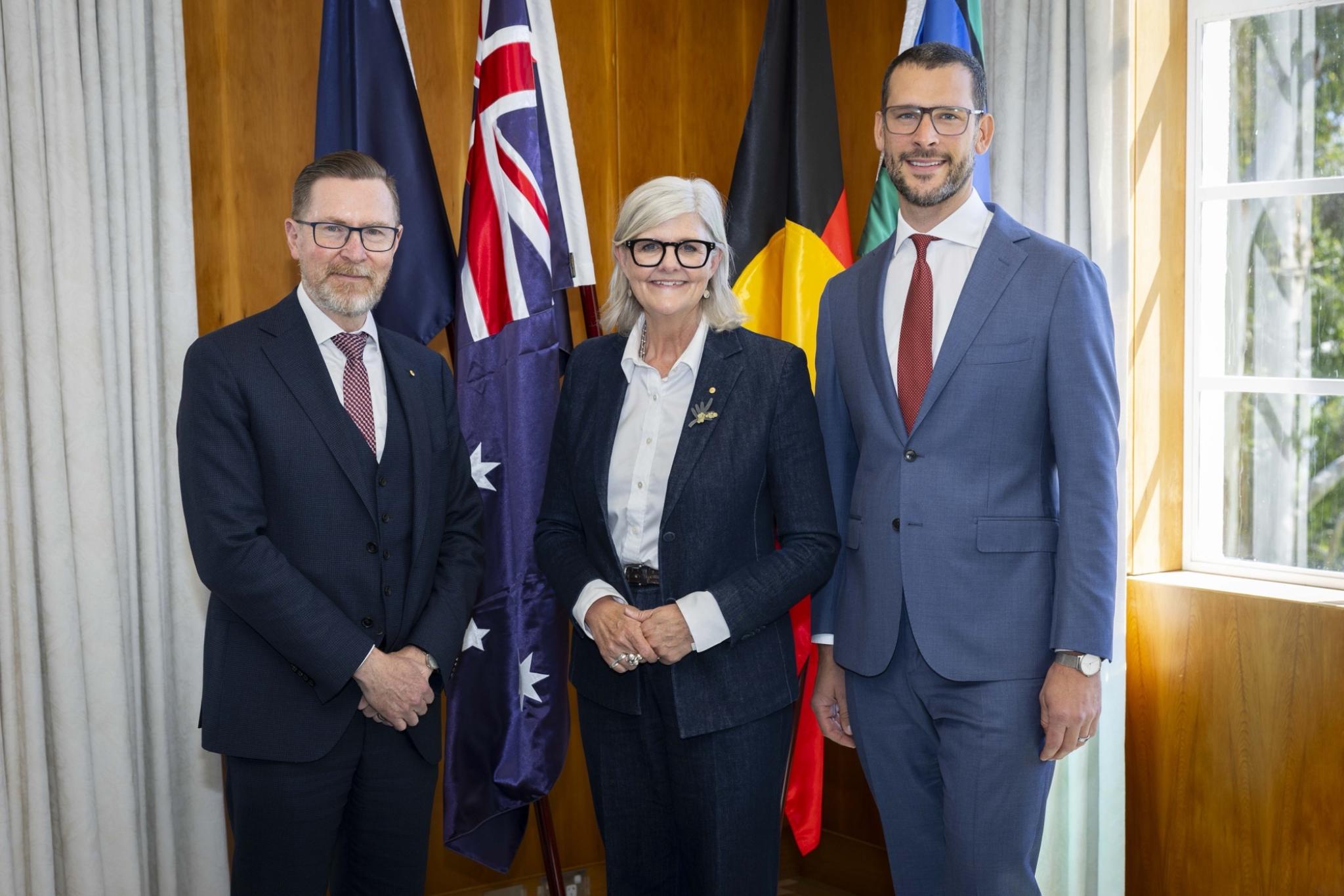 Professor Rory Medcalf AM, Her Excellency the Honourable Sam Mostyn AC and Tim Wilford