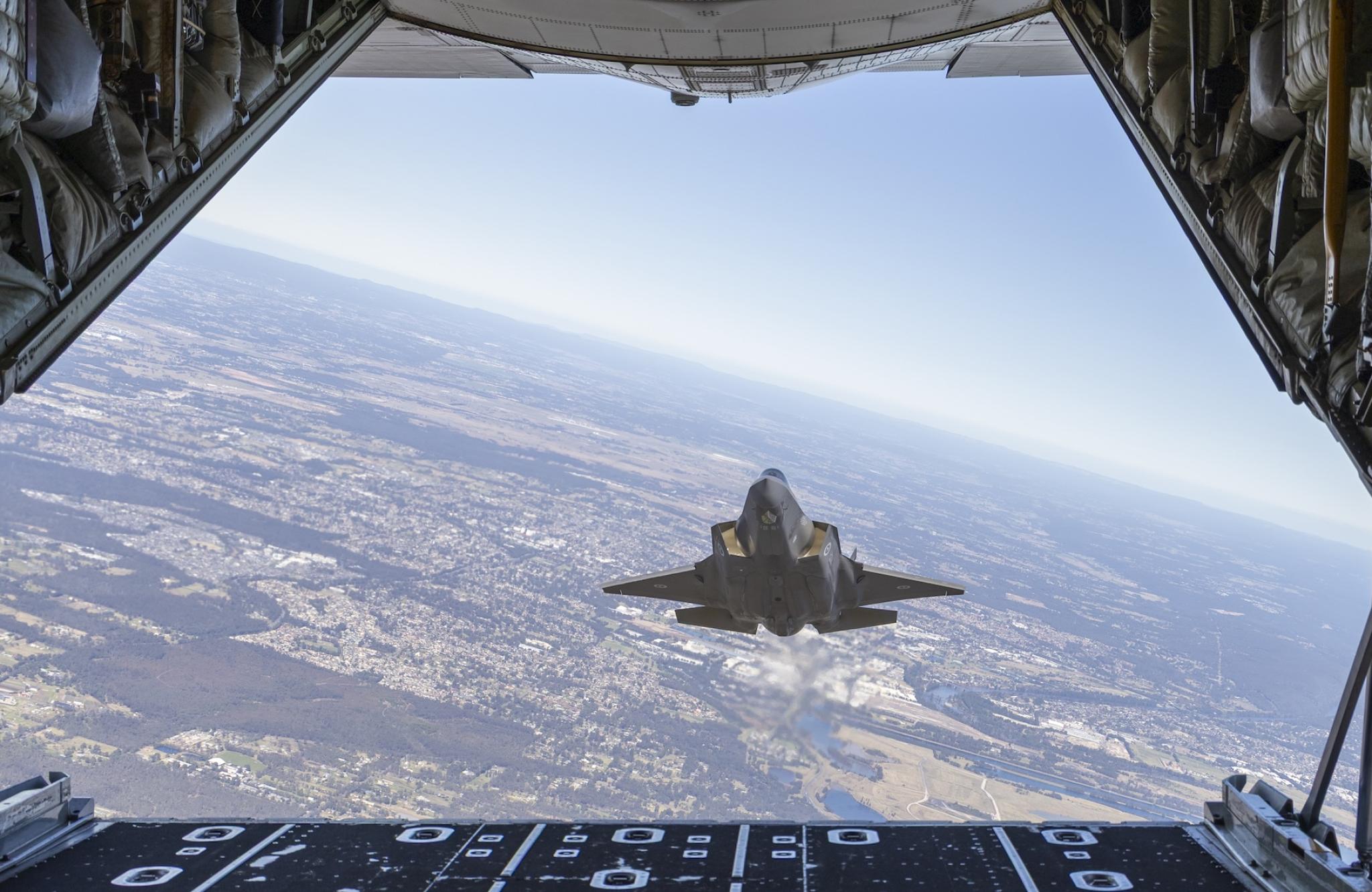 A Royal Australian Air Force F-35A Lightning II aircraft from No 2 Operational Conversion Unit conducts a flight over the Hawkesbury region, NSW.