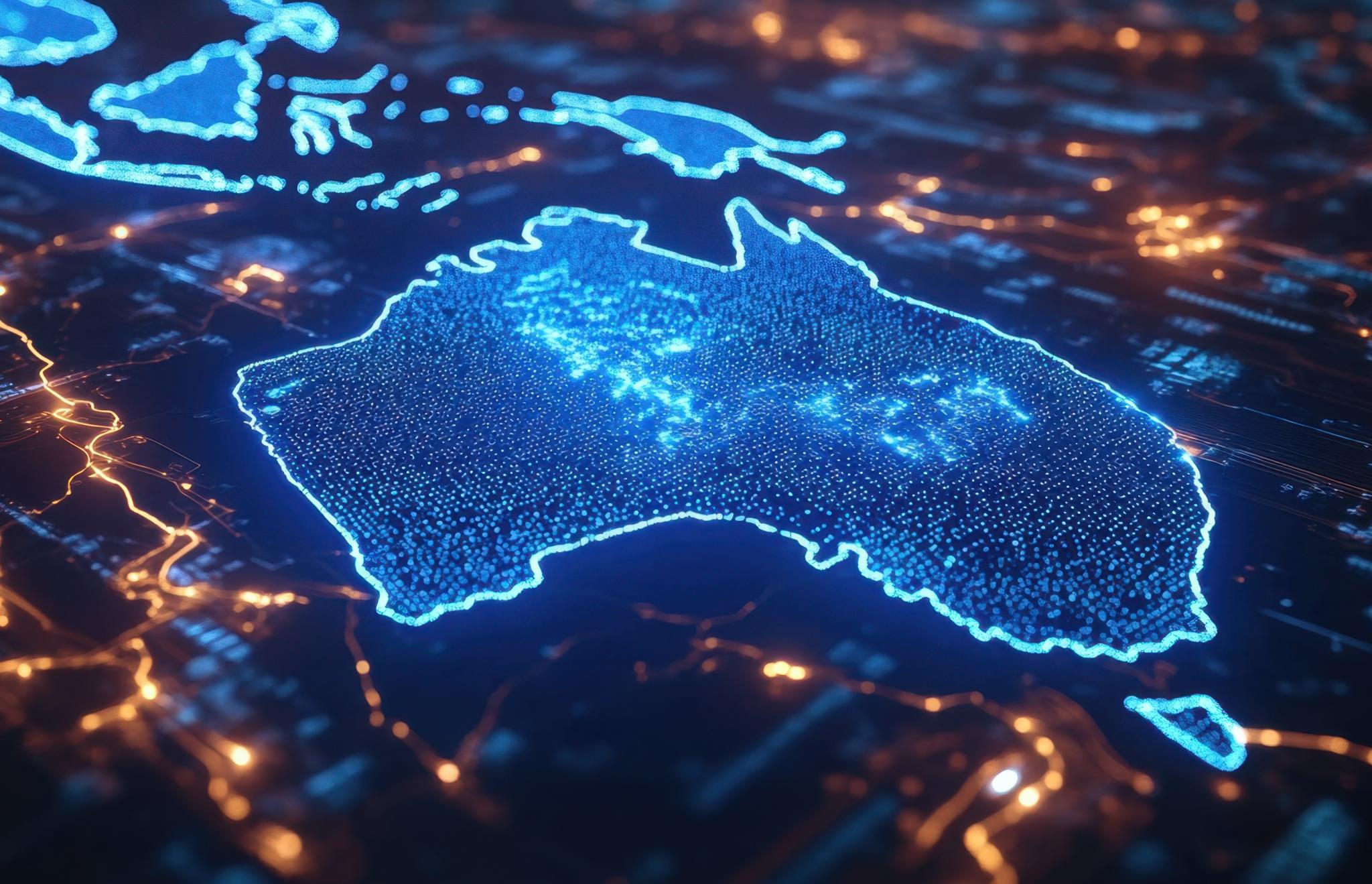 Map of Australia and the region with the borders lit up in neon blue