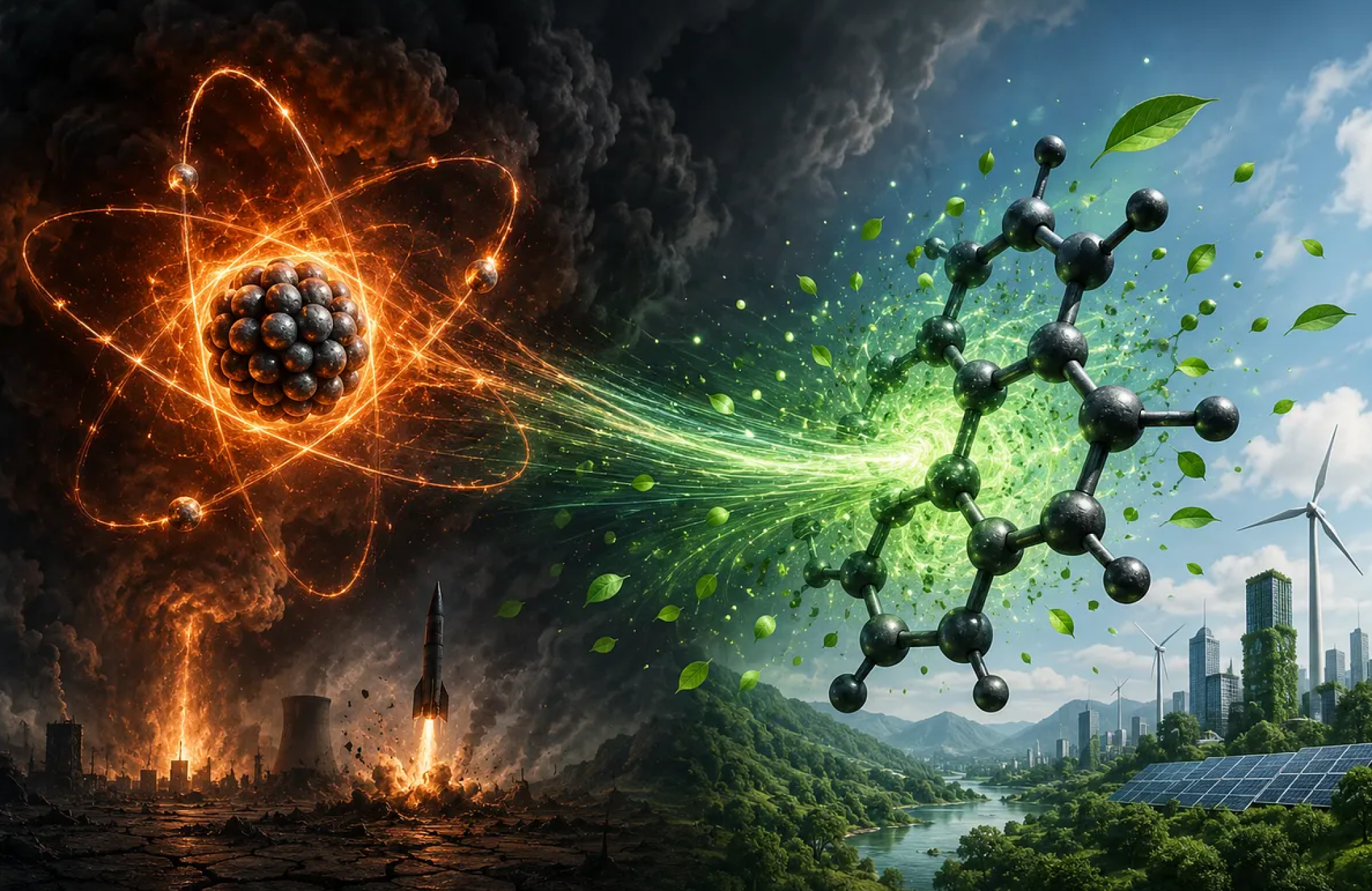 AI generated image of a transformation from atomic energy to green technology