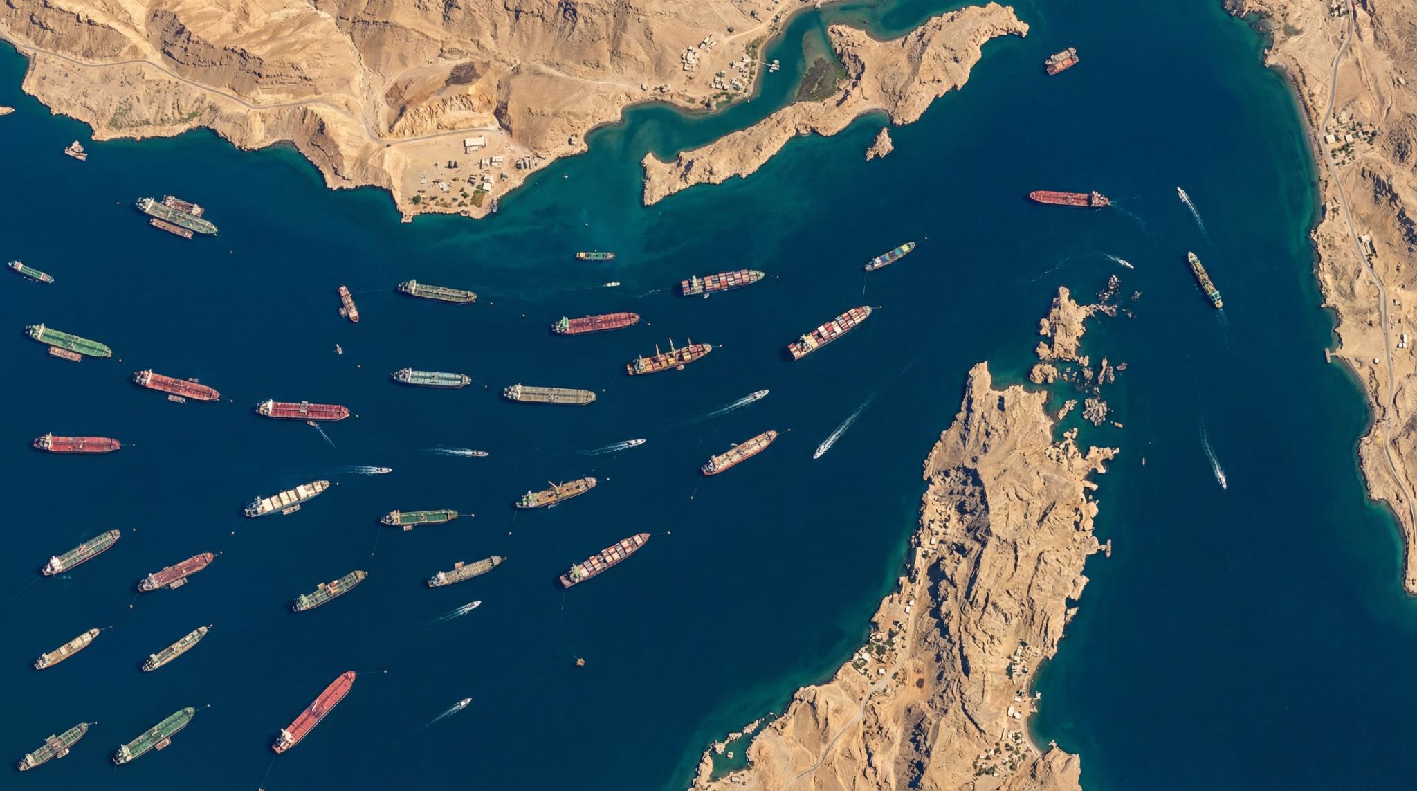 AI generated image of shipping fleet navigating the Strait of Hormuz