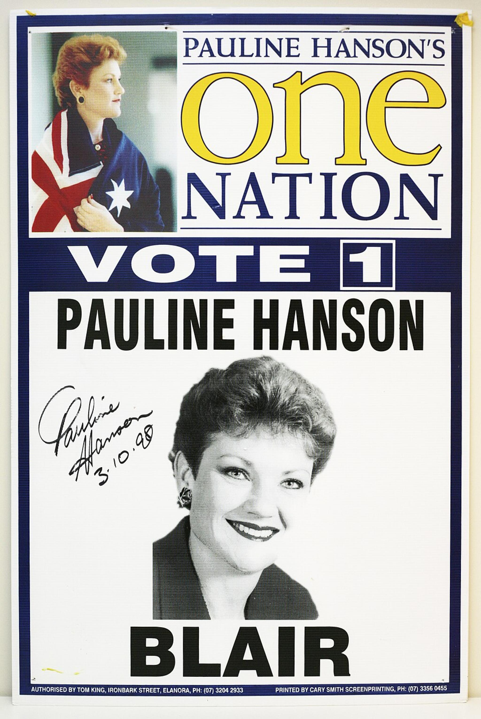Signed poster and corflutes of Pauline Hanson's 1998 House of Representatives election campaign