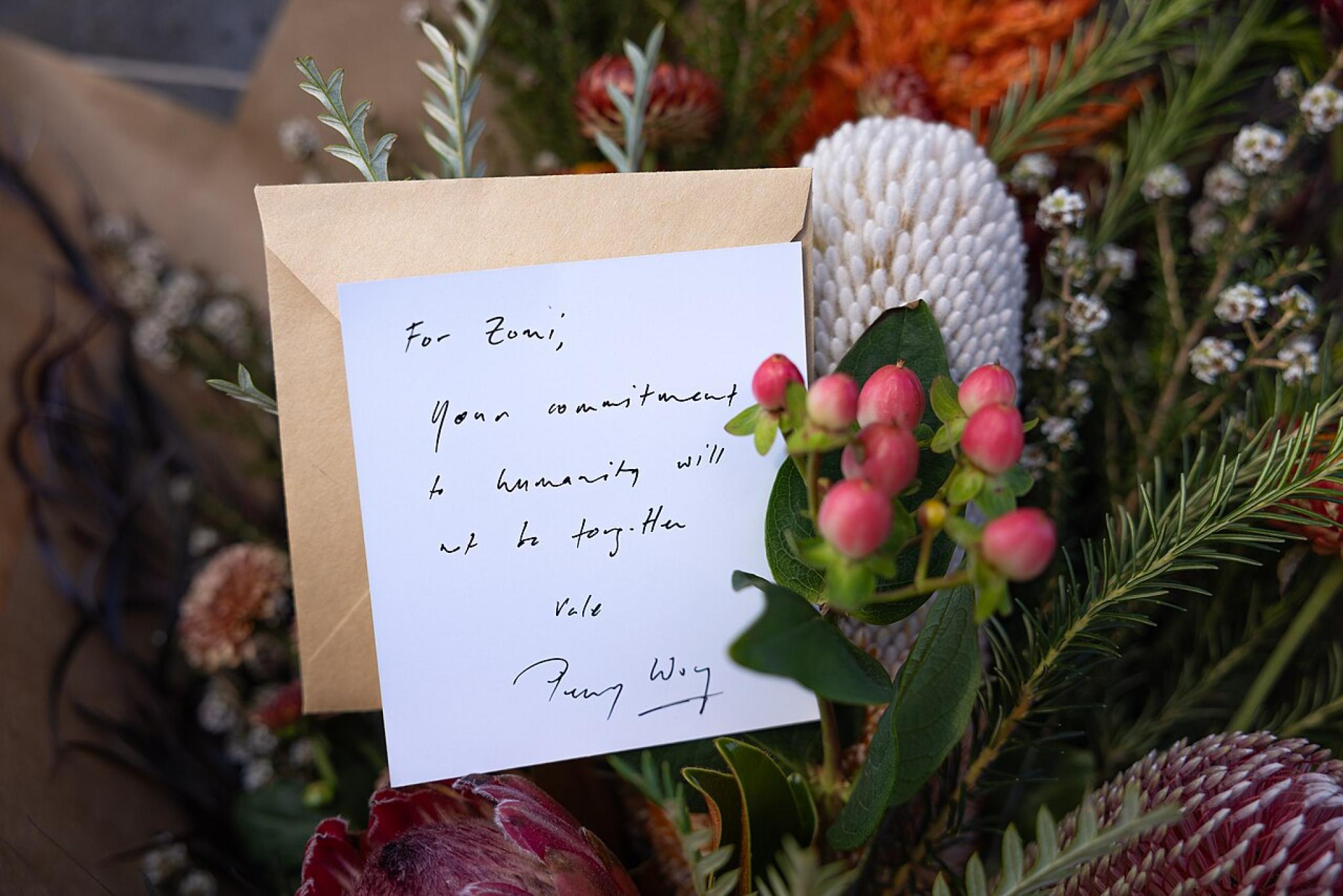 Penny Wong, Minister for Foreign Affairs, laid a wreath in memorial of Zomi Frankcom at the International Humanitarian Memorial.