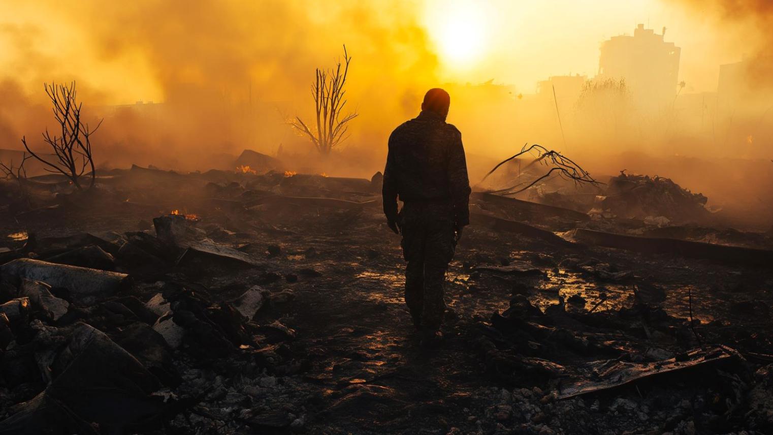 Image displaying a person standing amongst rubble 