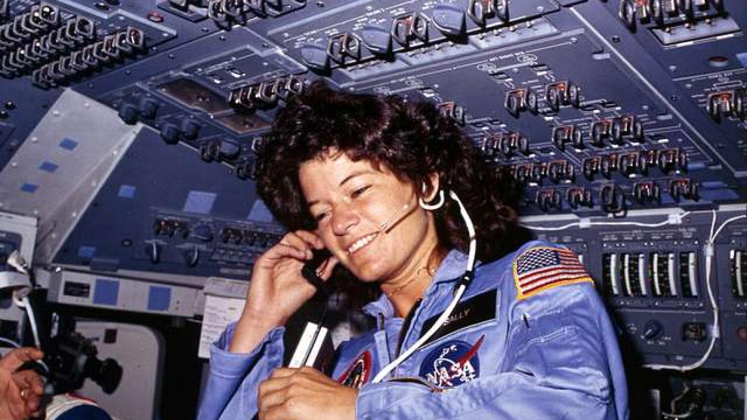 Sally Ride, America's first woman astronaut communitcates with ground controllers