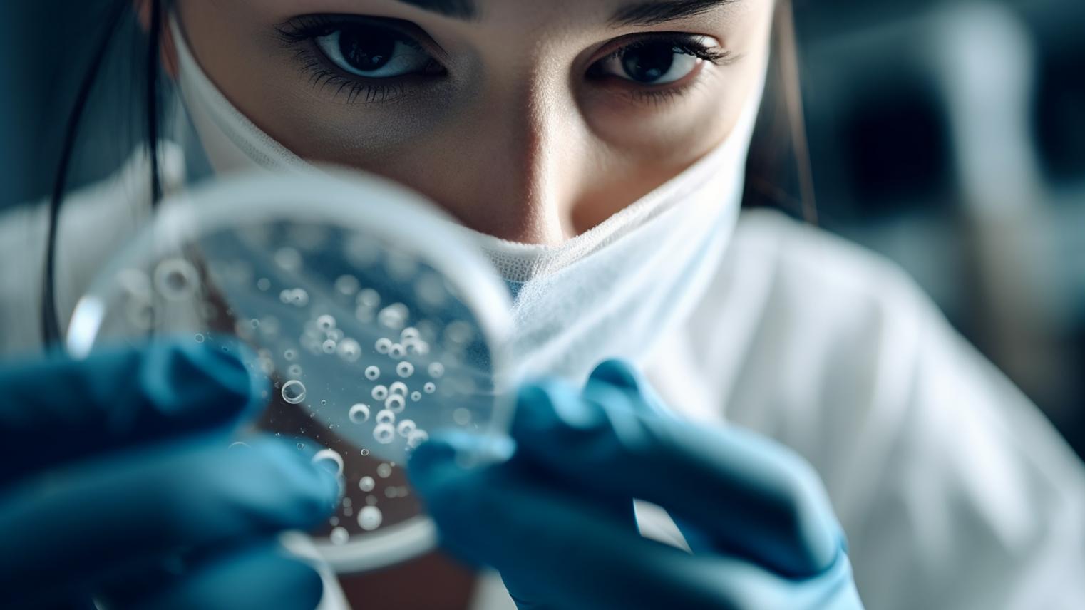 Scientist wearing a mask and gloves looks at petri dish 