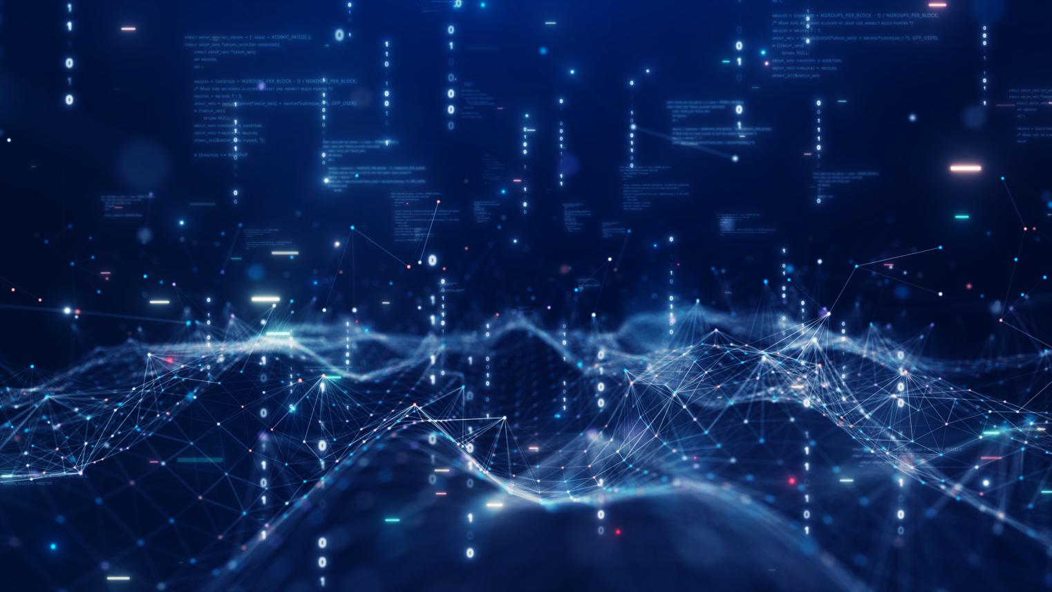 Digital information technology concept. Cybersecurity and protection system from online crime threats. Data Analytics or Data Science. Binary code polygons connected on dark blue background.