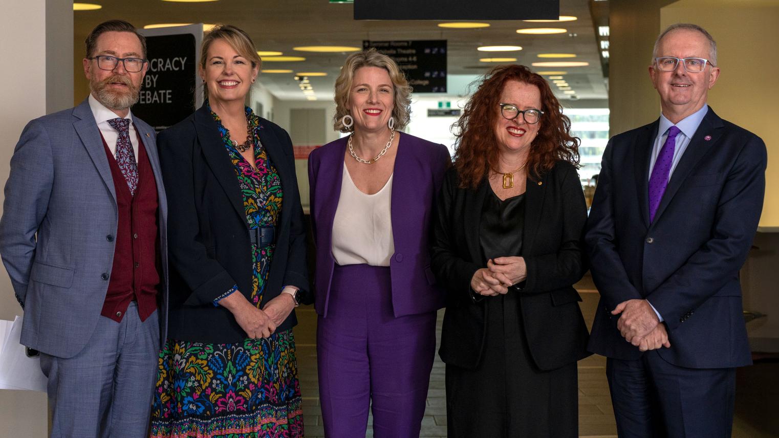 Professor Rory Medcalf with Professor Rebekah Brown, the Hon Clare O'Neil MP, Professor Genevieve Bell and Tom Rogers. 