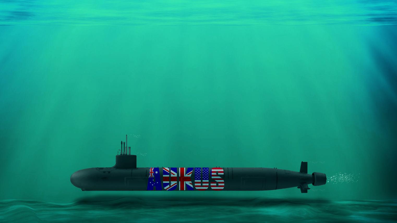 3D rendering of AUKUS Nuclear submarine in the deep sea