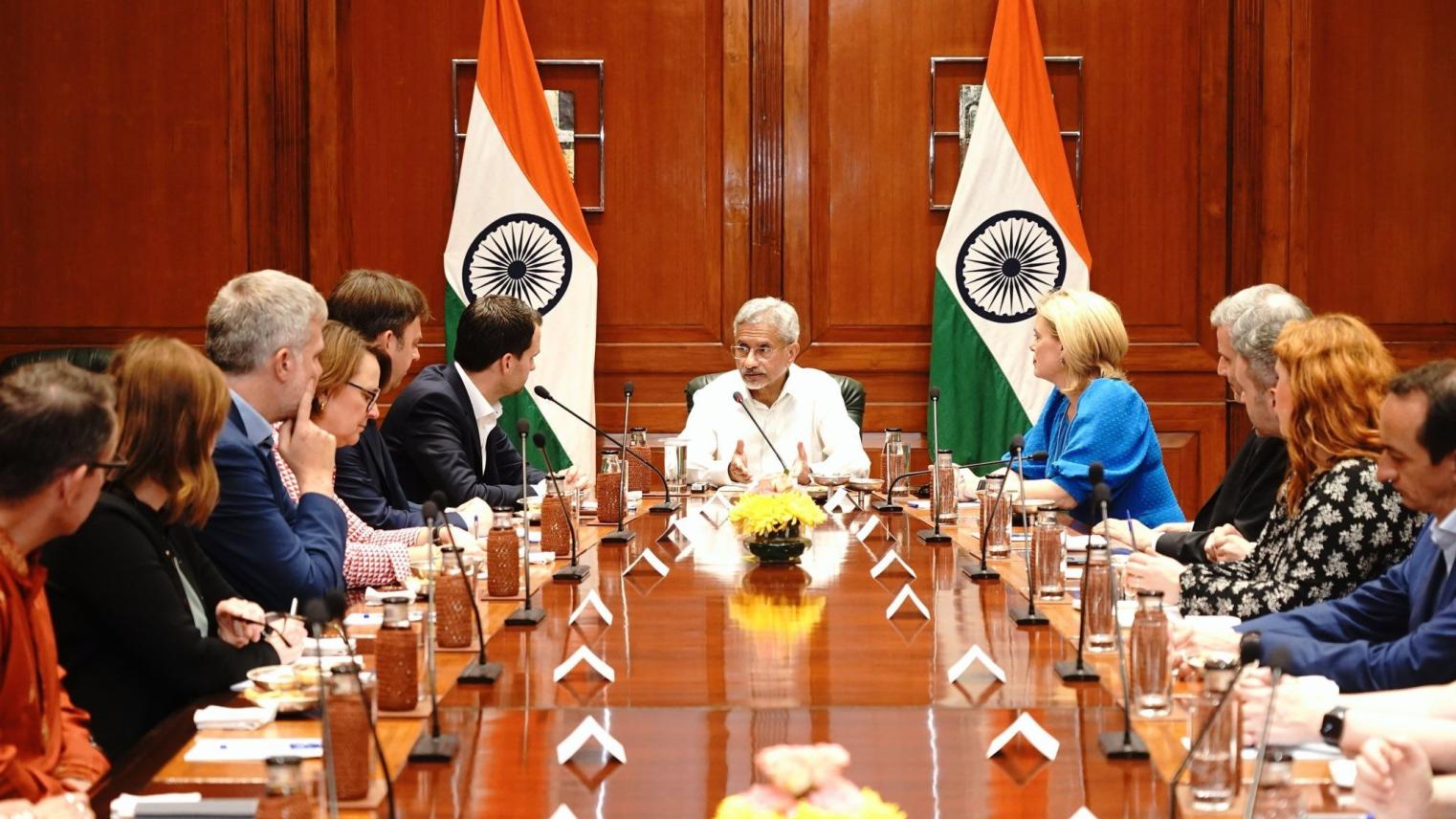 Indian Minister for External Affairs S Jaishankar in discussions with the Australian-German delegation