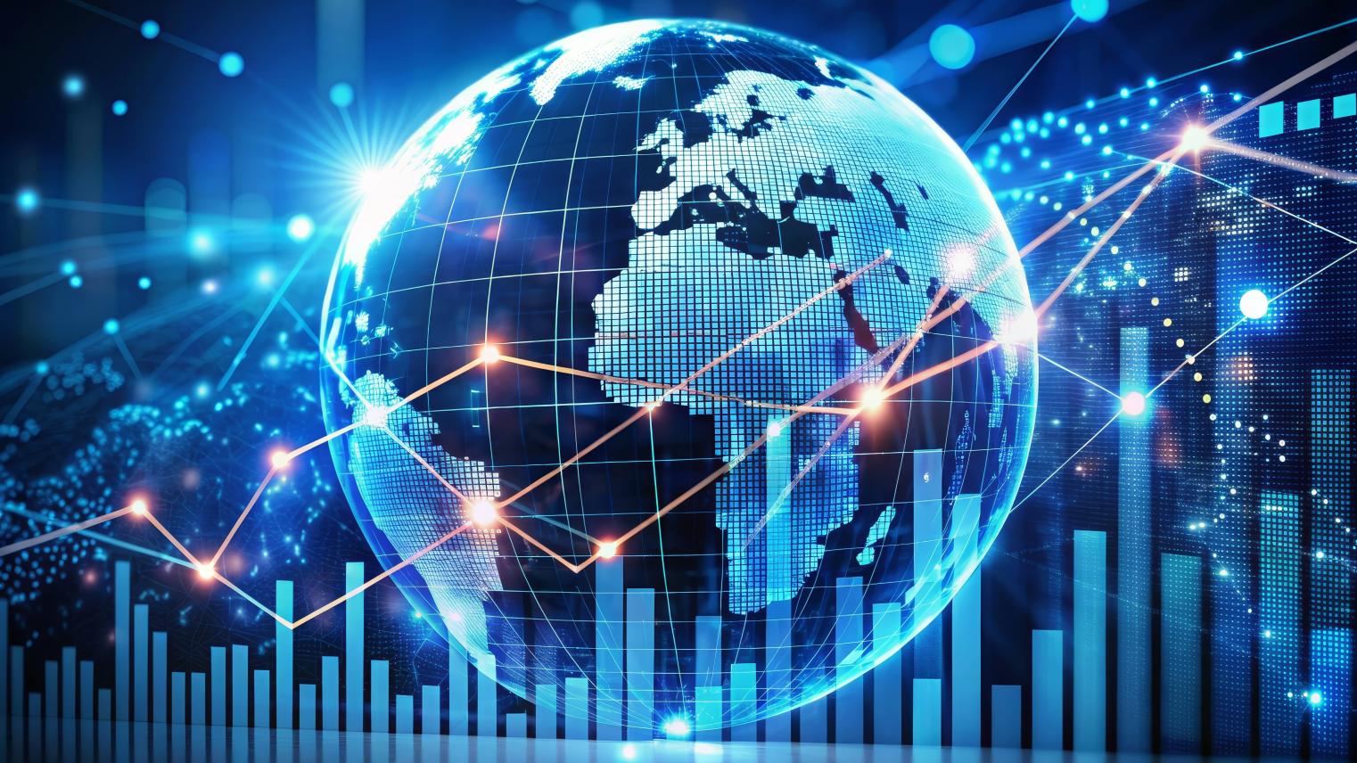 Global Growth and Progress - A digital illustration of a globe with rising charts, symbolizing global growth and progress.