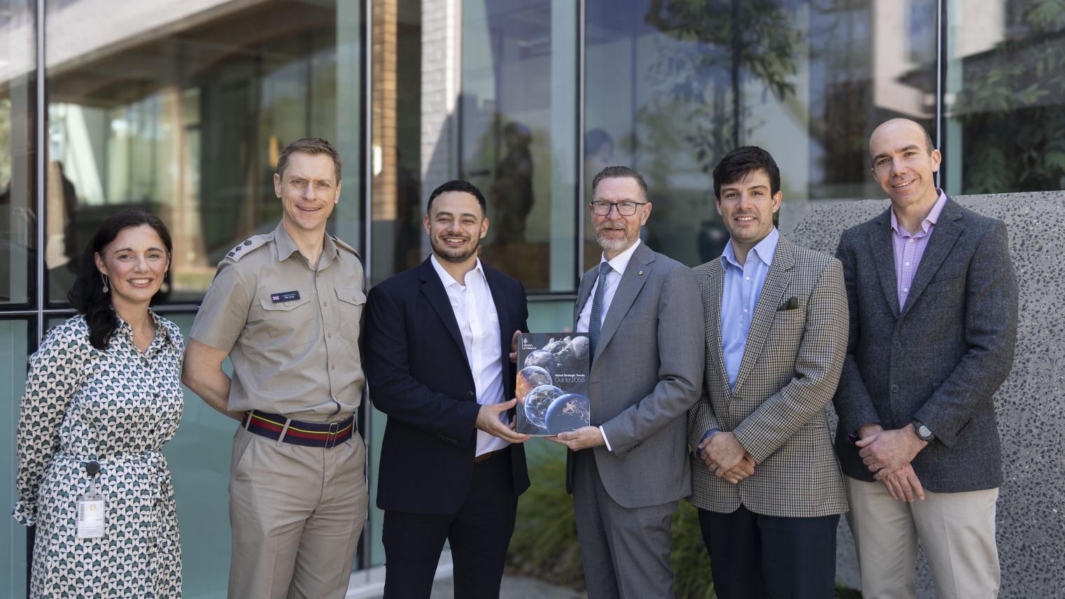 (L–R) Sally Bulkeley Deputy Head of College, NSC), Olly Grey (Naval Advisor UK High Commission to Australia), Cameron Smith (Defence Futures, Strategic Command, UK Ministry of Defence), Professor Rory Medcalf (Head of College, NSC), Ashton Papazahariakis (Advisor, Futures Hub) and Lieutenant Colonel Mark Bali (ADF Secondee into Defence Futures, Strategic Command, UK Ministry of Defence).
