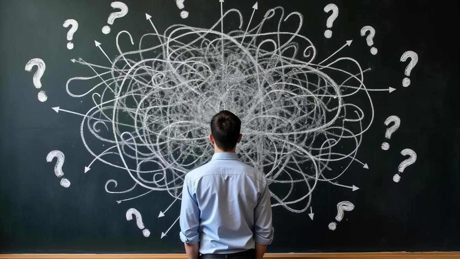 Complex Problem Solving Concept: Man Facing Tangled Thoughts Visualization for Creative Solution Finding 