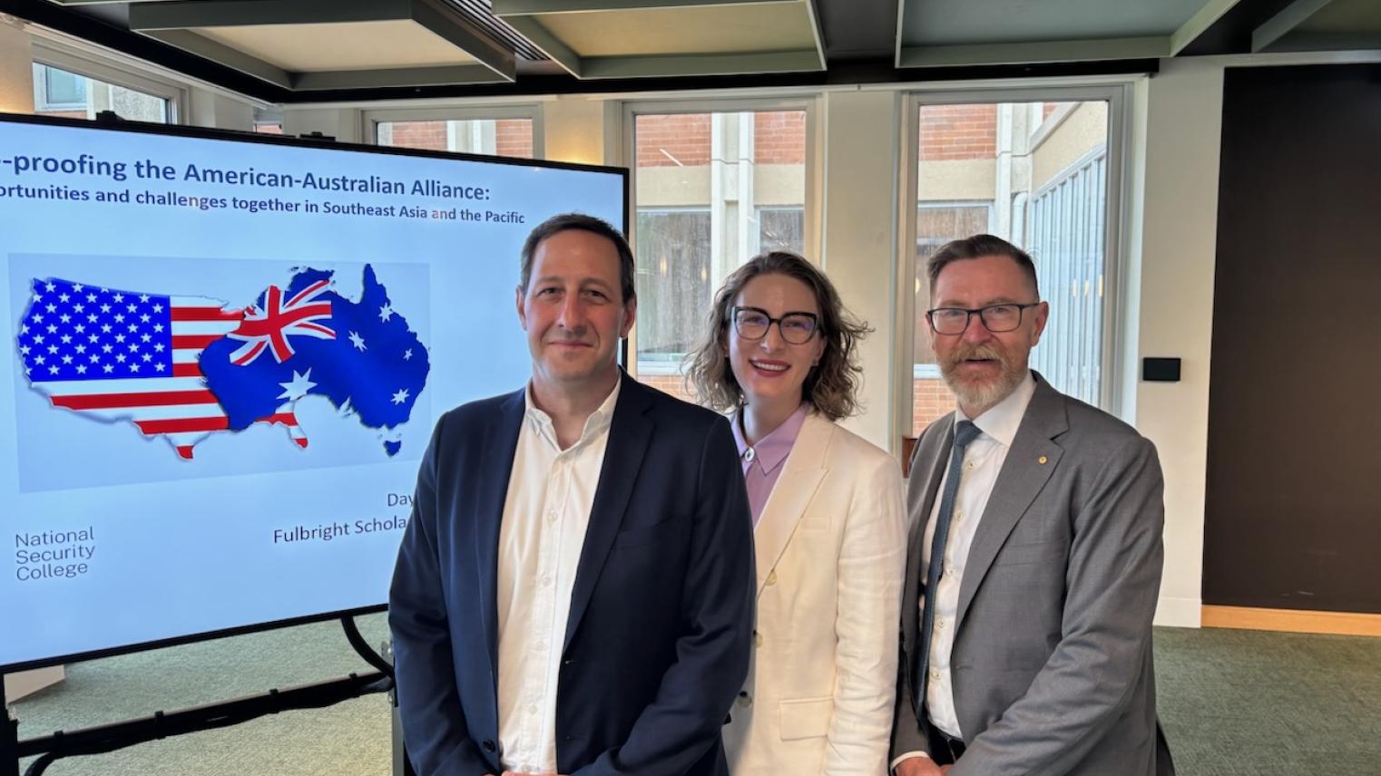 Dr Charles Edel with Dayle Stanley and Professor Rory Medcalf