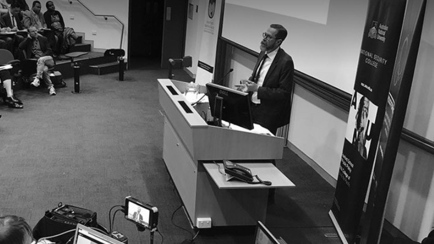 Rory Medcalf delivering a speech at ANU in 2018