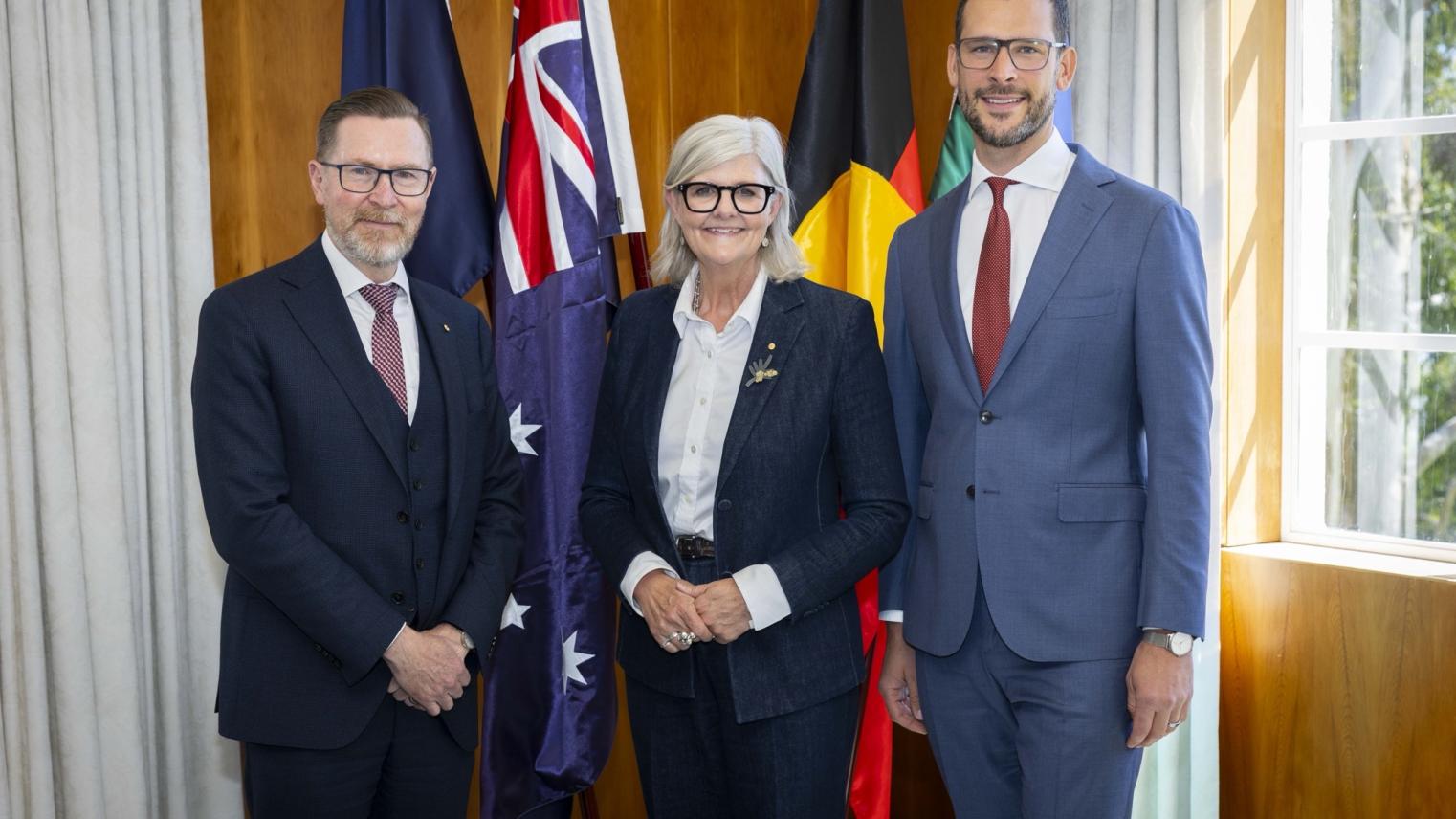Professor Rory Medcalf AM, Her Excellency the Honourable Sam Mostyn AC and Tim Wilford