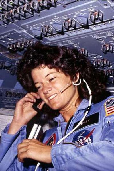 Sally Ride, America's first woman astronaut communitcates with ground controllers