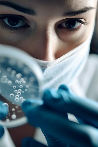 Scientist wearing a mask and gloves looks at petri dish 