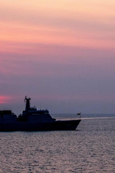 Sri Lanka Navy Ship Sayurala (P-623) at anchor off the coast of Colombo in the Indian Ocean